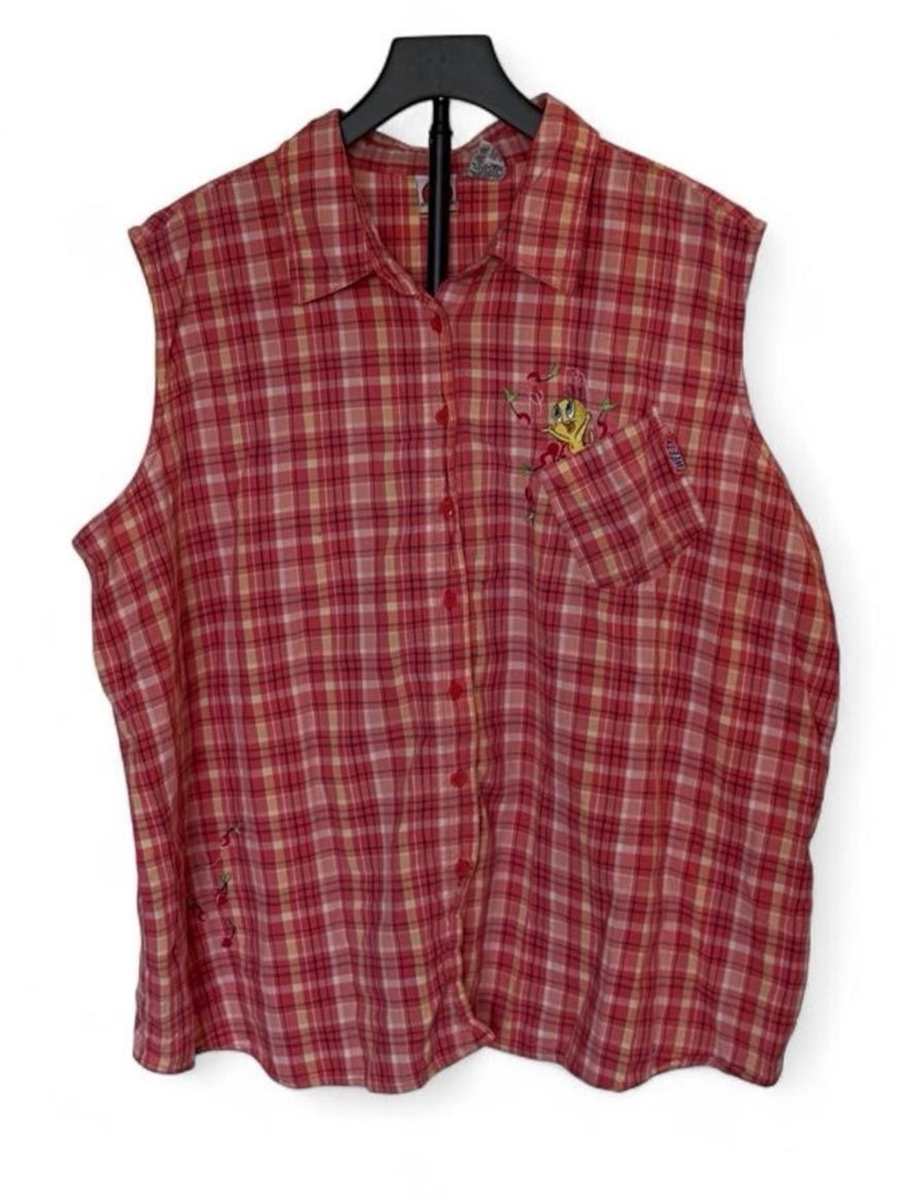 Vintage Looney Tunes Tweety Women's Plus 4X Plaid Sleeveless Button-Up Woven Top